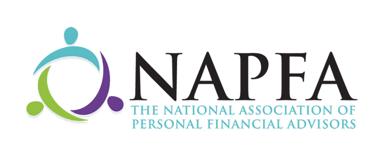 Logo of NAPFA, the National Association of Personal Financial Advisors, featuring a stylized graphic of three figures in blue, green, and purple, symbolizing collaboration and financial guidance.